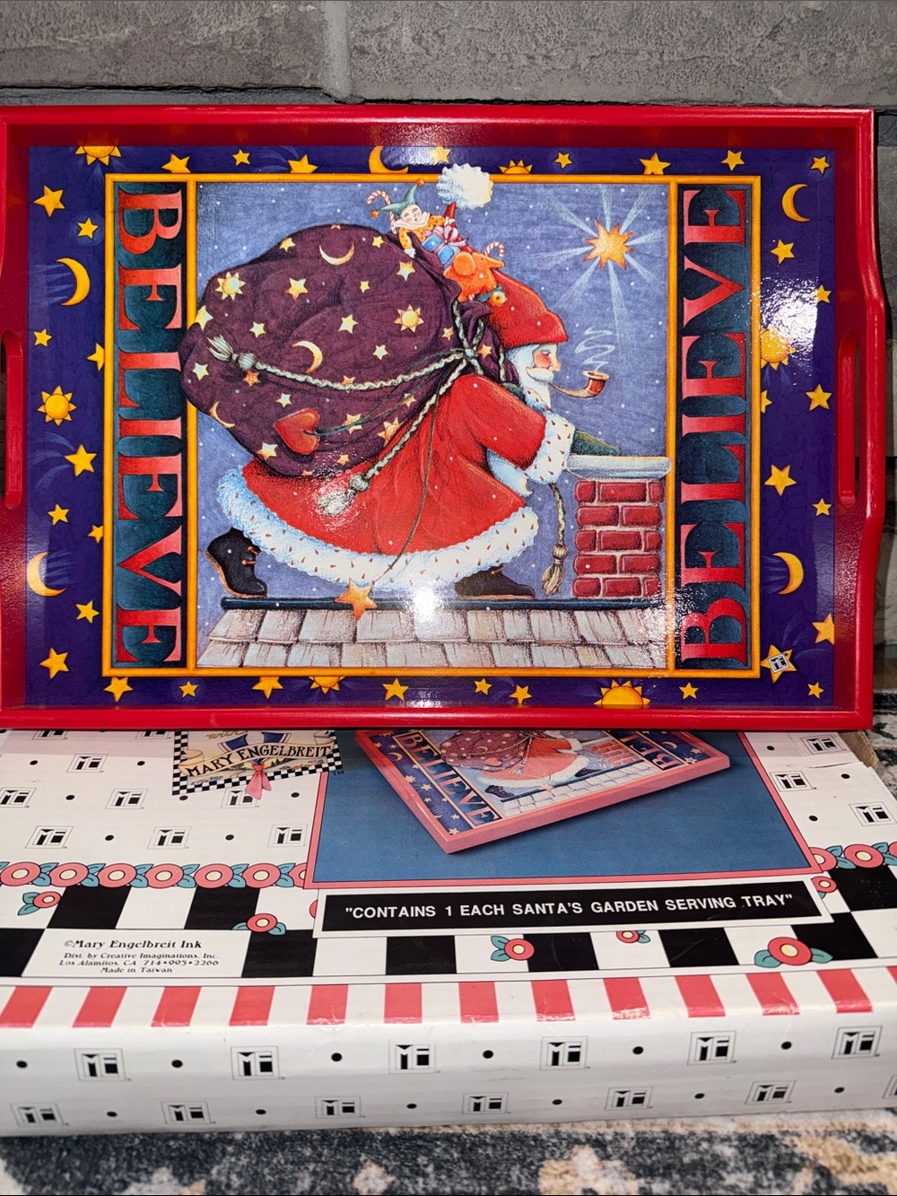 Mary Engelbreit Red and Blue Santa 'Believe' Decorative Tray - Santa’s Garden